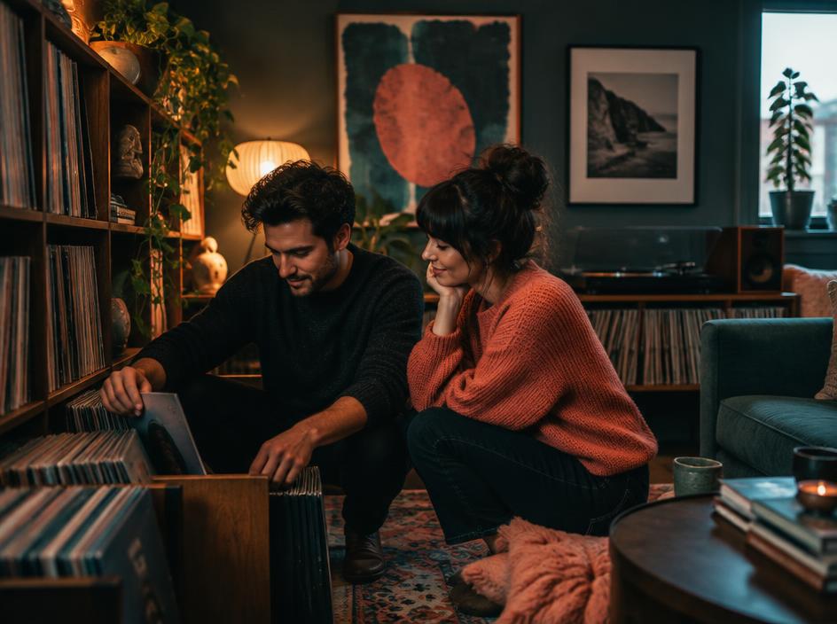 Two people exploring a vinyl collection