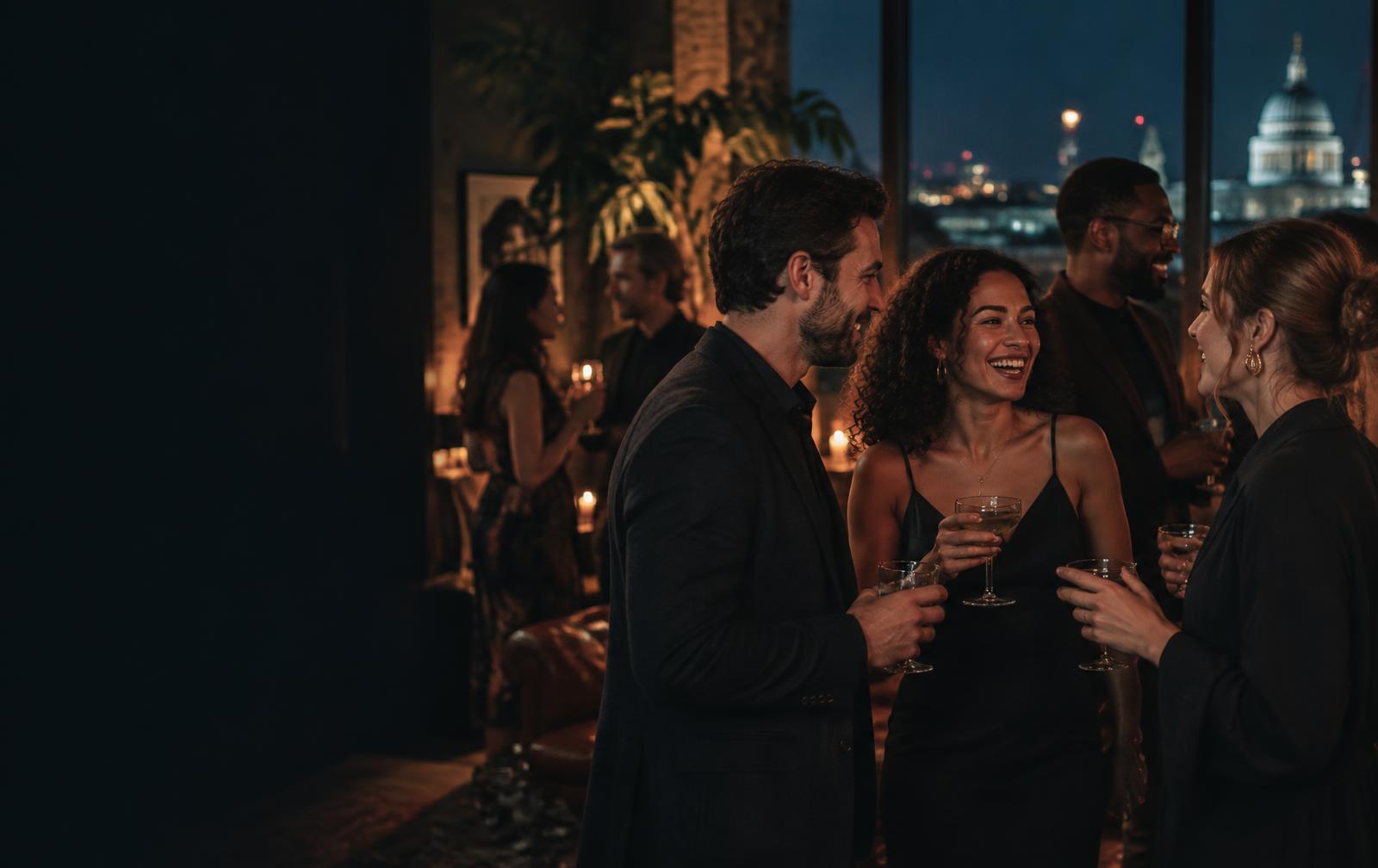 People connecting at a London evening gathering