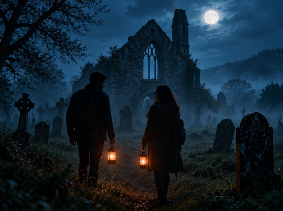 Two people with lanterns ghost-hunting in a moonlit, misty churchyard