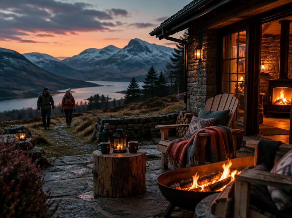 People walking towards a warmly lit cabin at dusk